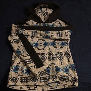 Aztec Pattern Hoodie with Blue Accents